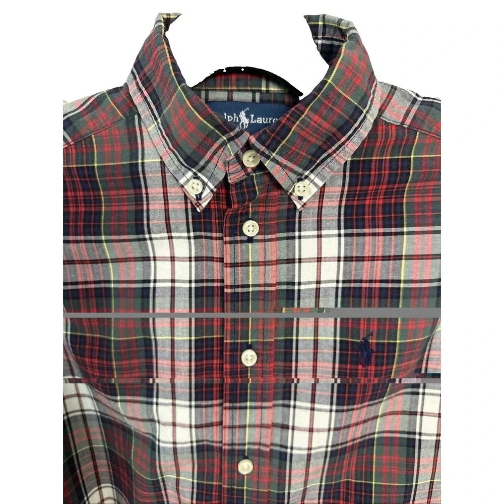 Ralph Lauren  Shirt Kids Boys Sz 6 Tartan Plaid Red Green White Cotton